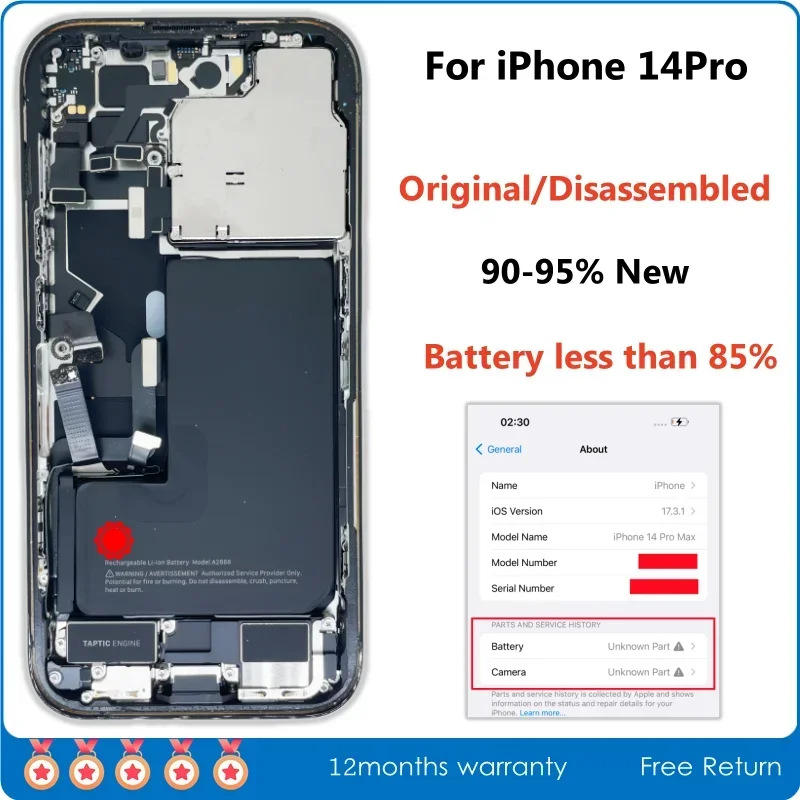 90-95% New Disassembled Middle Frame Housing Back Cover For iPhone 14 Pro with Battery Rear Camera Assembly Slight Scratches