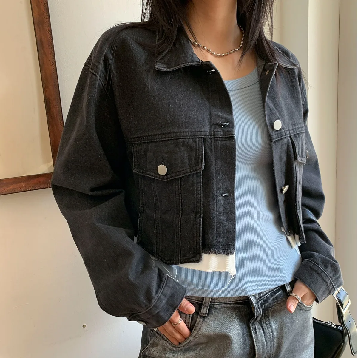

Korean Sle ort Denim Jaet Women's Faion Patchwork Collar Long Sve Outerwear Button up Top Autumn Season