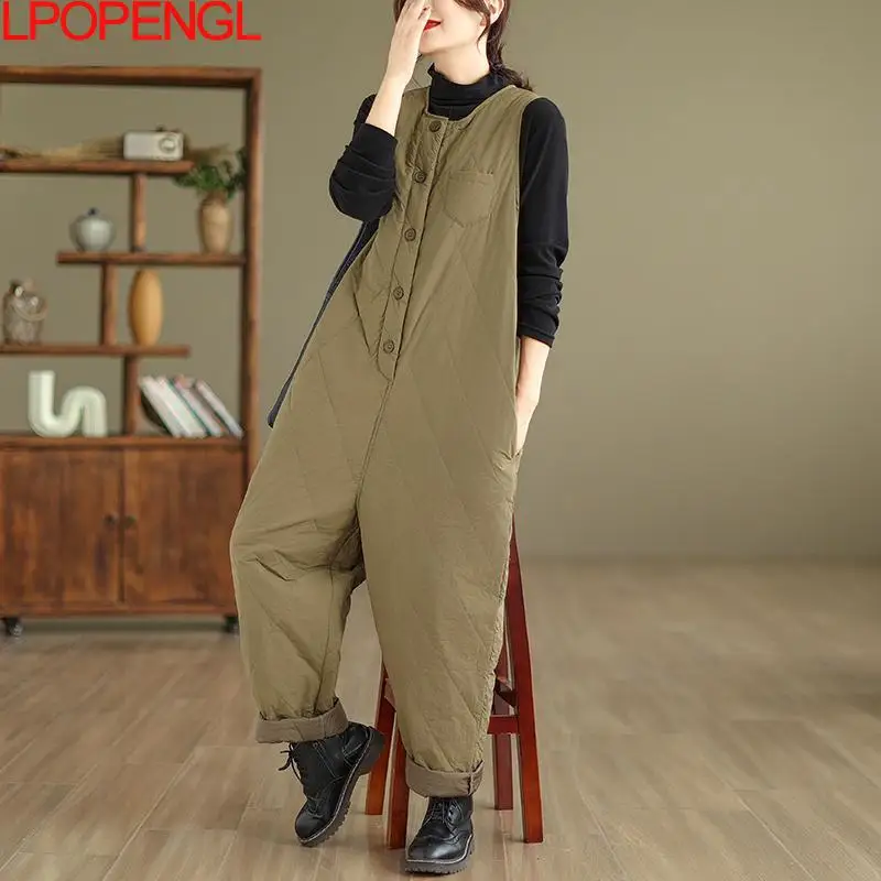 Streetwear Solid Color Rhombus Cotton Jumpsuit Women's Autumn And Winter Warm Keep Warm And Thickened Harem Pants Loose Overalls