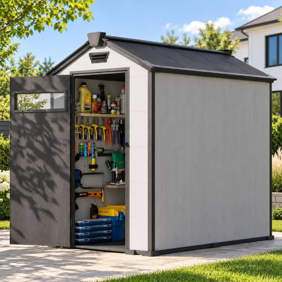 Resin Storage Shed For Outdoor Use, Gray, Durable And Weather-Resistant With Floor, Window, And Lockable Door
