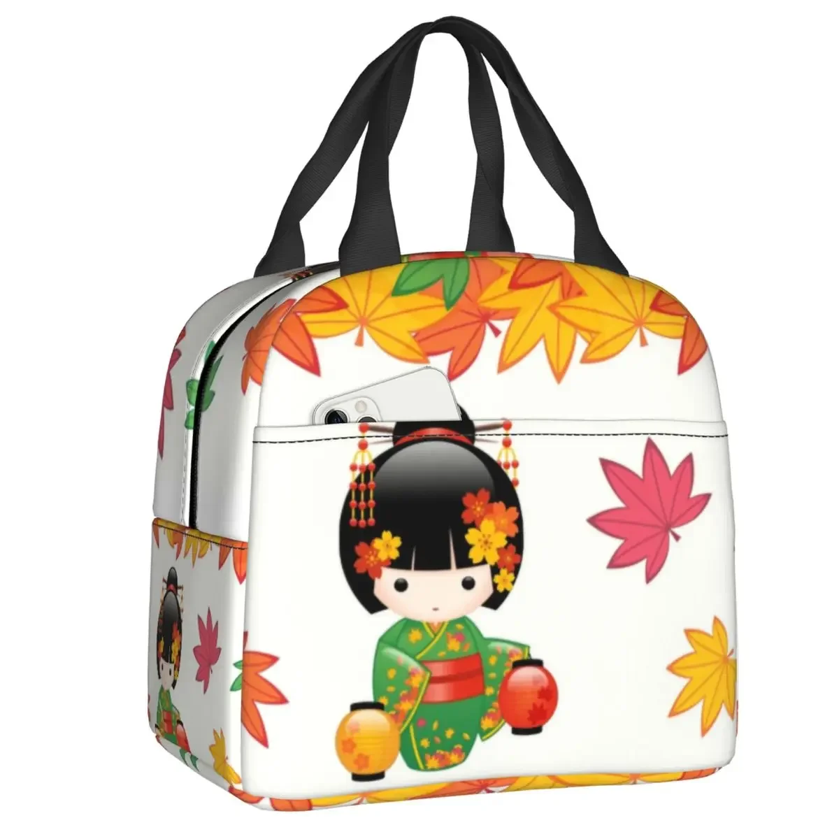 Japanese Red Sakura Kokeshi Doll Insulated Lunch Bag for Women Resuable Cute Girly Cherry Blossom Thermal Cooler Lunch Box