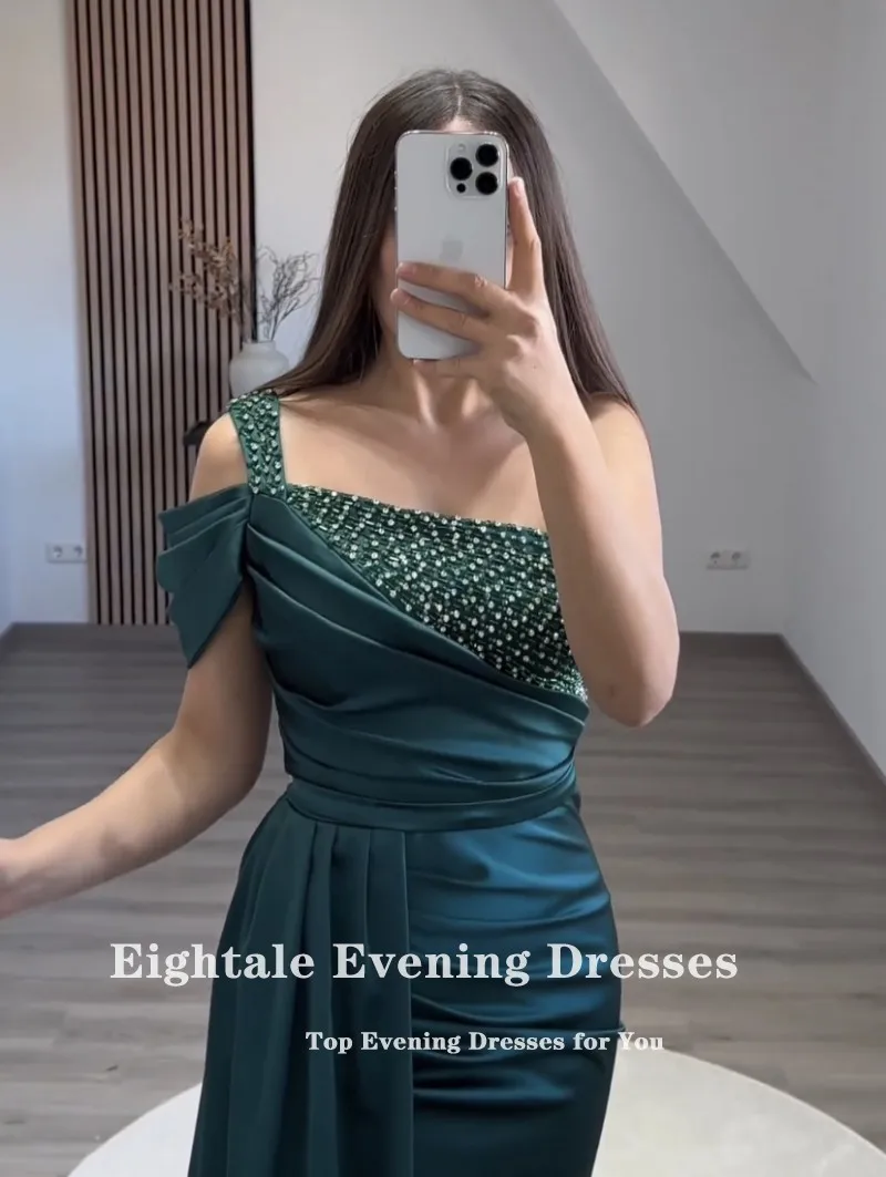 Eightale Dark Green Formal Occasion Evening Dresses Beaded Mermaid Satin Long Customized Wedding Party Prom Gown robes de soirée