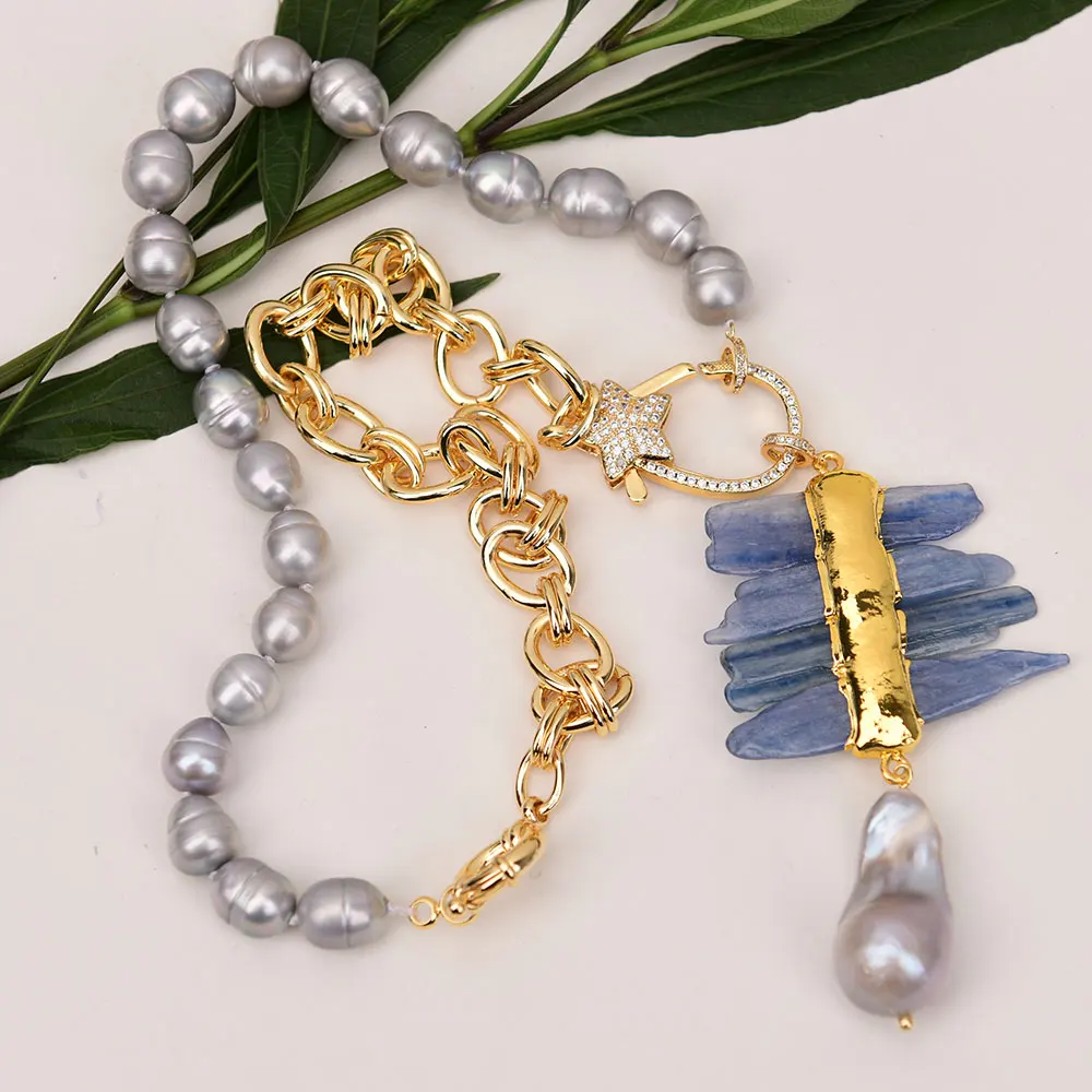 G-G 21'' Freshwater Gray Rice Pearl Gold Plated Chain Necklace Natural Blue Kyanite Baroque Keshi Pearl Pendant