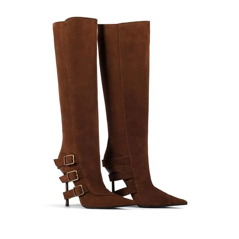 

2025 New Pointed Slender High-Heeled Long Boots for Women Suede and Black Leather Fashionable Versatile Stylish Sexy Boots