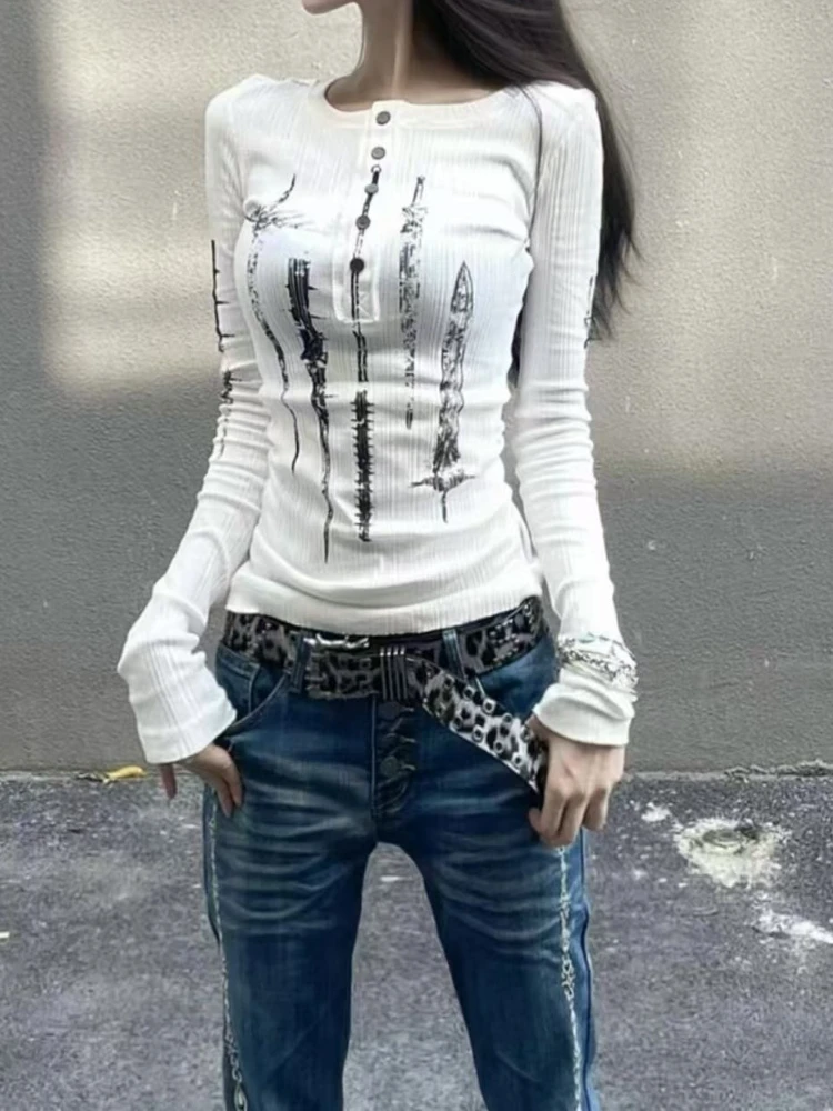 2025 Subculture Aesthetic Autumn Slim Long Sleeve T-Shirts Women New Hot Girl Print Design Tees Female Hepburn Chic Y2k Outfits
