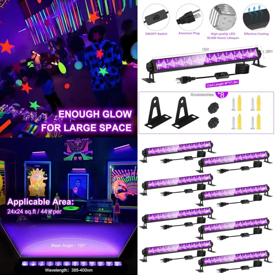 

8 Pack 40W LED Black Light Bar, Black Lights Light Up 4000ft² with Switch+Plug+6ft Cord, for Glow Party Supply, Halloween, Bedr