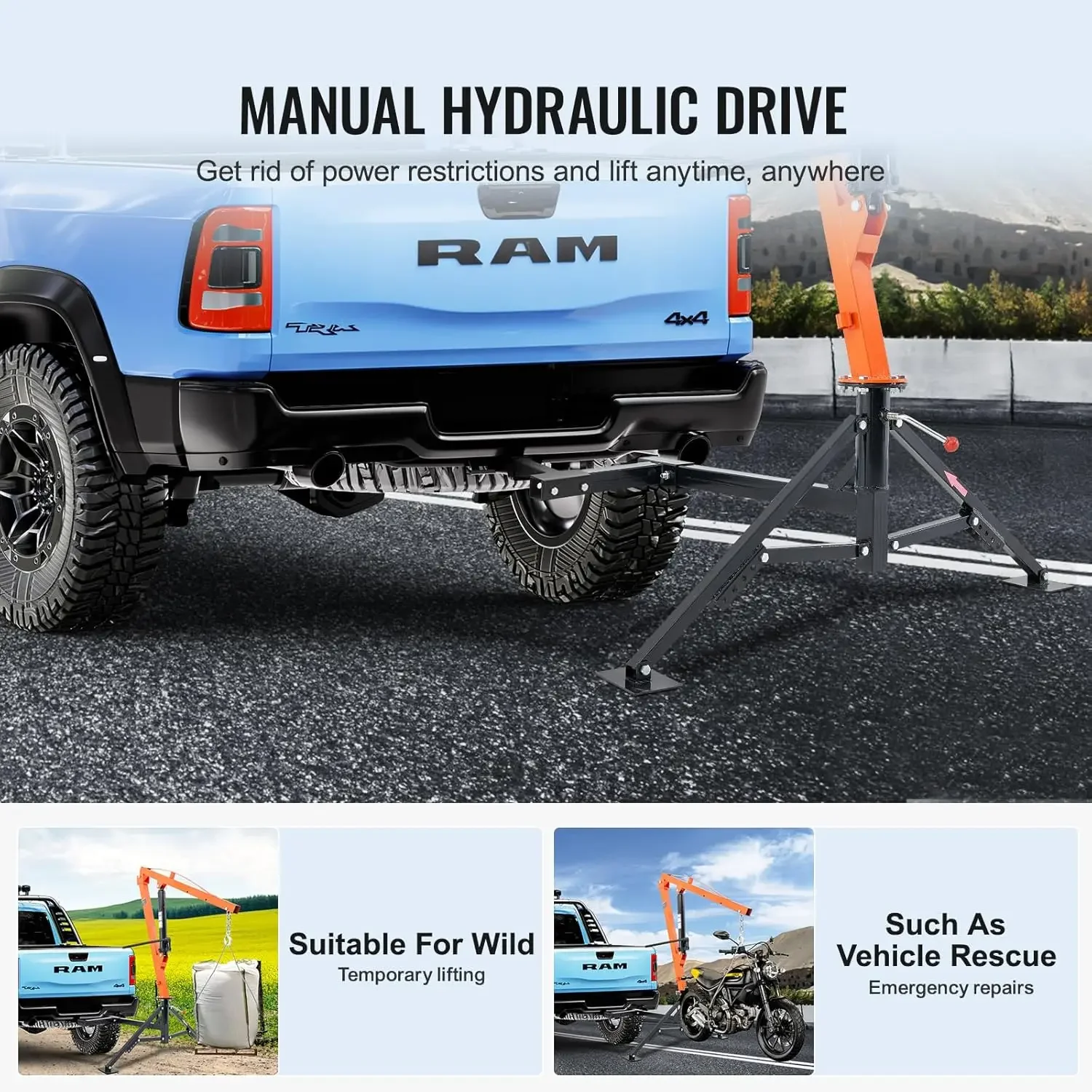 

Hydraulic Pickup Truck Crane, 1000 lbs Capacity, 360° Swivel, Hitch Mounted Crane with Three Boom Capacities of 500 lbs
