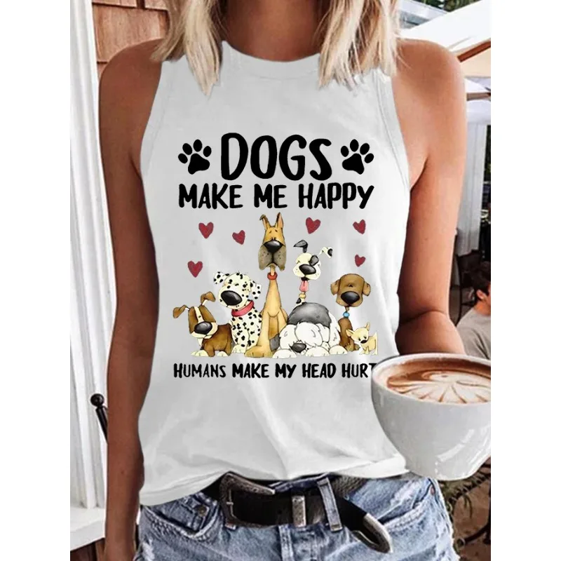 ilstile Women's Dogs Make Me Happy Print Tank Top Summer Casual Round Neck Sleeveless Tops Black White Blue Tees Hot Sale