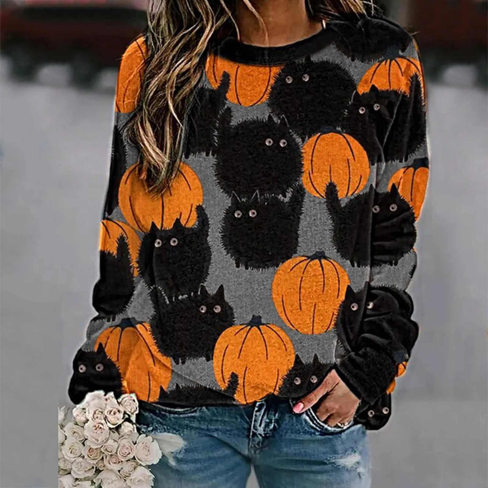 

Halloween Gothic Pumpkin Pattern Sweater Women's Winter Warm Retro Kawaii Party Pullover Tops Long Sleeve Jumper Clothing