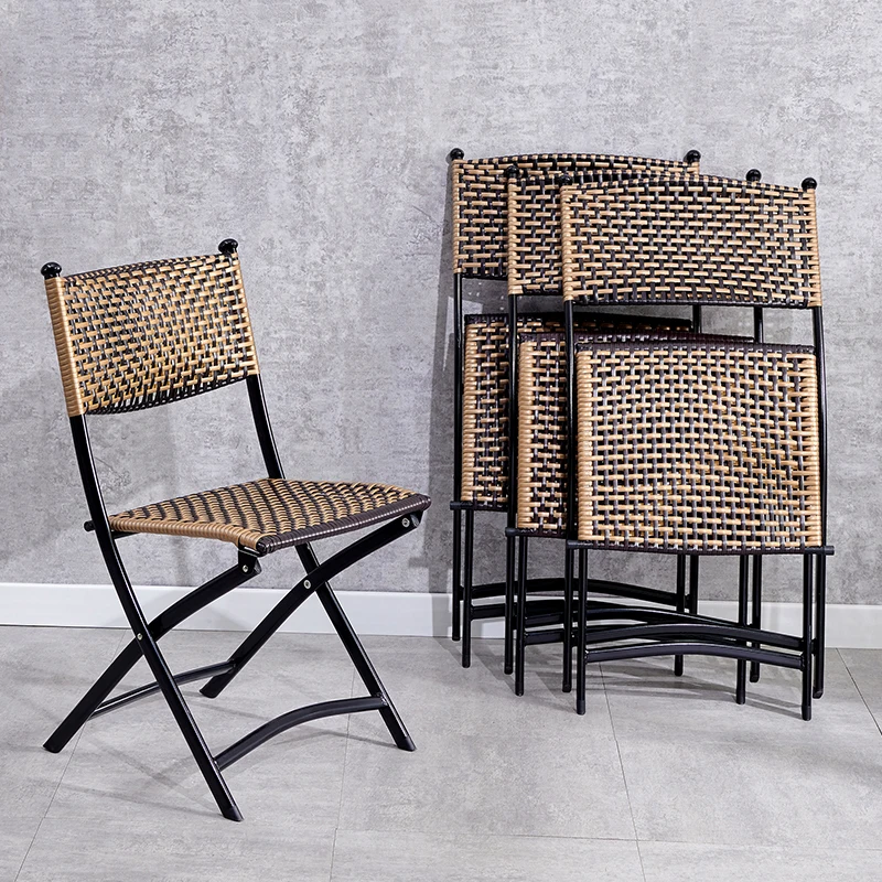 

Cane folding chair stool simple outdoor courtyard leisure tea table and chair combination woven balcony rattan chair set of thre