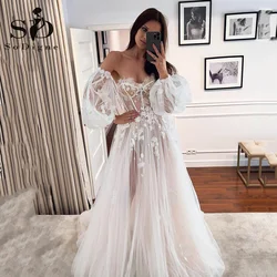 SoDigne Princess Wedding Dress 3D Flower Detachable Puff Sleeves Beach Bridal Dress Wedding Party Women Bride Gowns Customized
