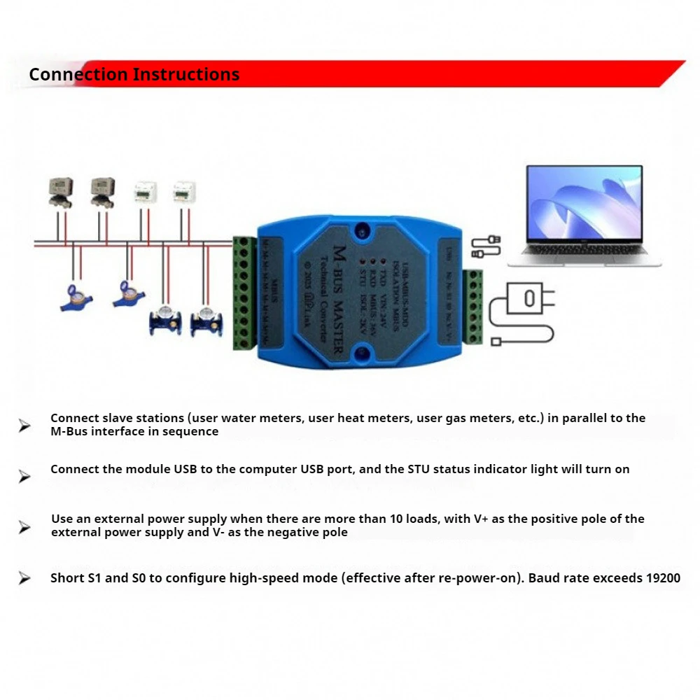 Industrial Grade Usb To Mbus Host Meter Reading Communication Internal Fully Isolated Wide Voltage Power Supply 200Load Capacity
