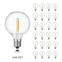 PET G40 글로브 LED 필라멘트 램프 전구, 조도 조절식 스트링 조명 교체, 비산 방지 플라스틱 전구, E12 베이스, 110V, 220V, 2200K, 25 개