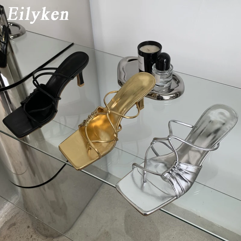 Eilyken Gold Narrow Band Women Slipper Female Square Pinch Toe Low Heel Slides Sandal Flip Flops Mujer Shoes