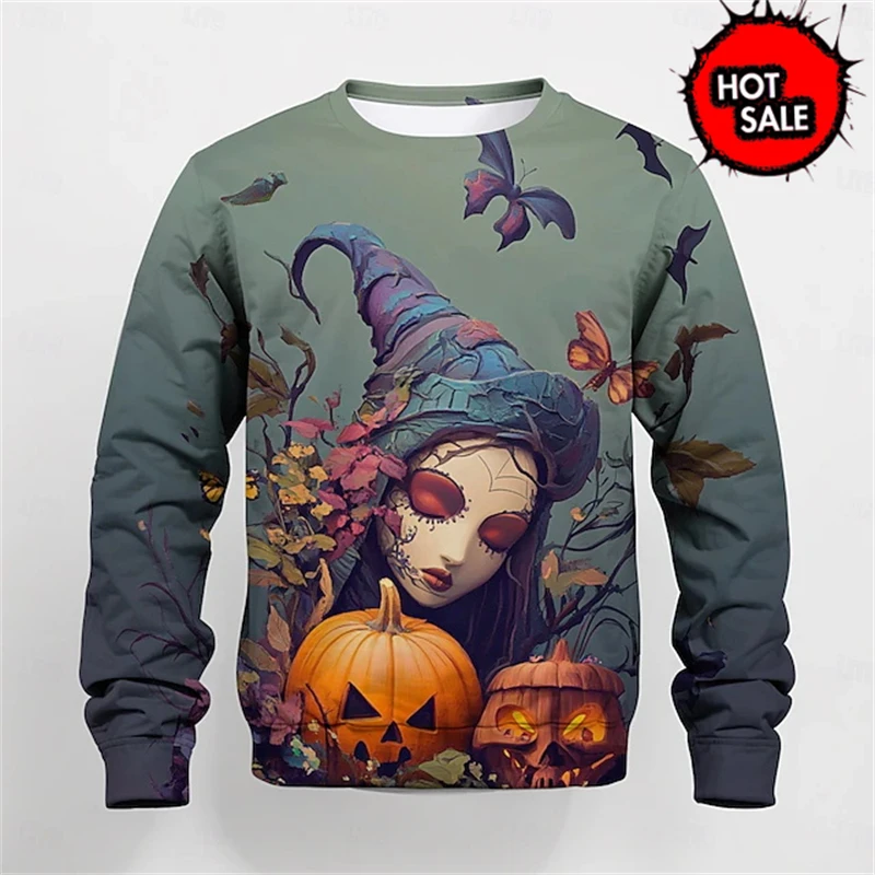 Halloween Pattern Graphic Sweatshirt For Men Cool 3d Printed Skull Ghost Pullovers Personality Cosplay Long Sleeves Tops Sweater