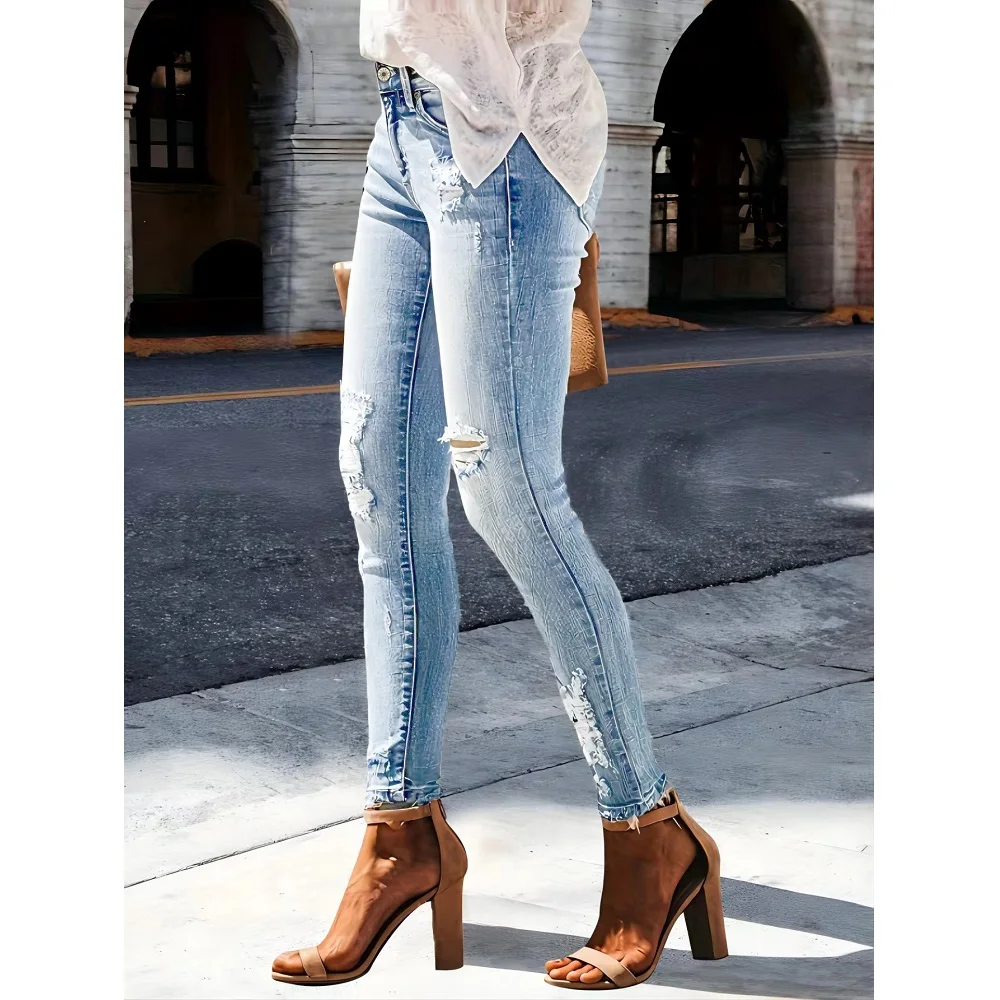 Women Denim Jeans Ripped Hole Stretch Pencil Pants Ladies Slim Skinny Full Length Trousers