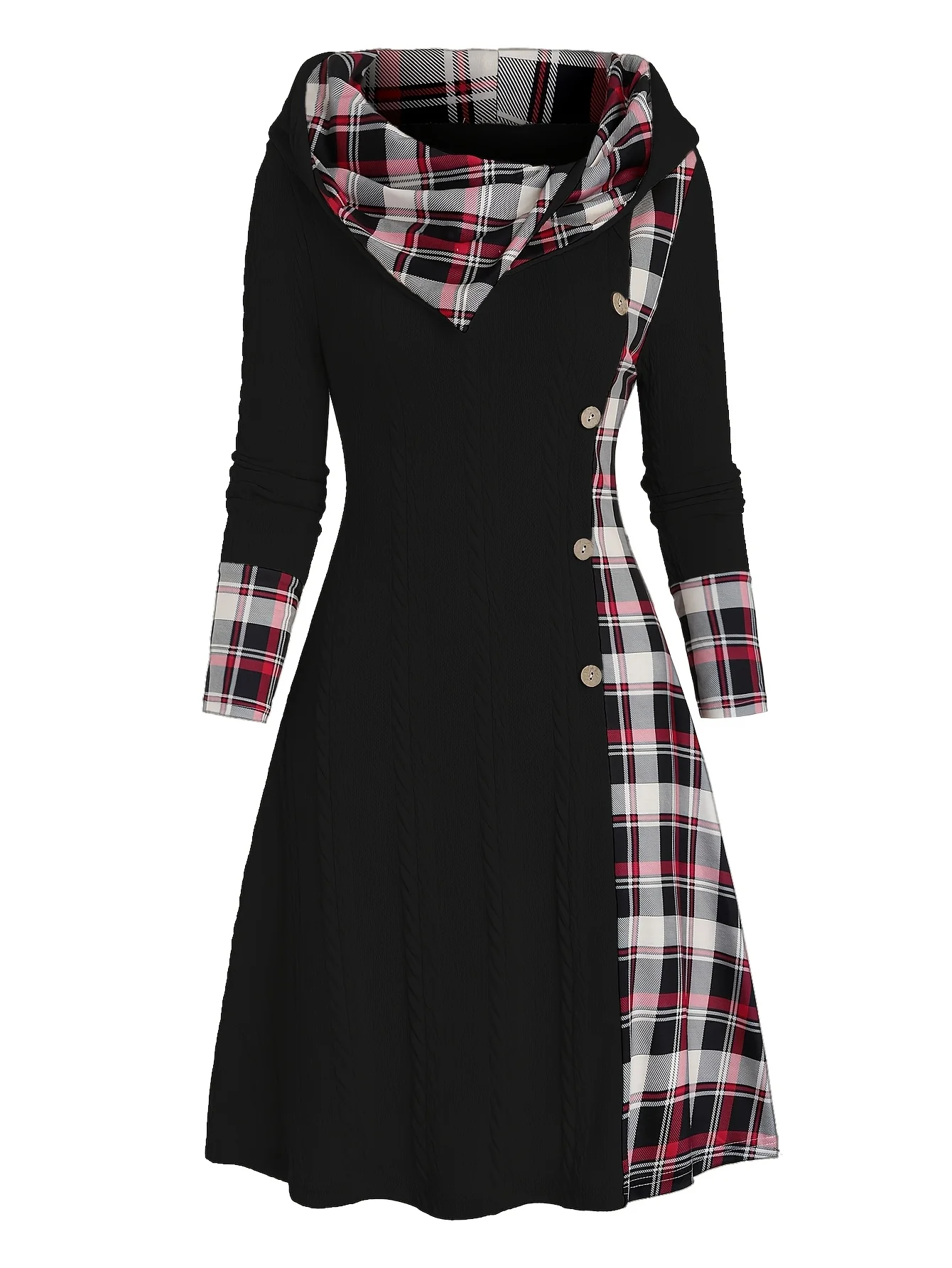 Damen-Kleid mit Karomuster, Kapuze, hoher Taille, A-Linie, lange Ärmel, aus Strick, mit dekorativer Schnallendetail. – Detail 12