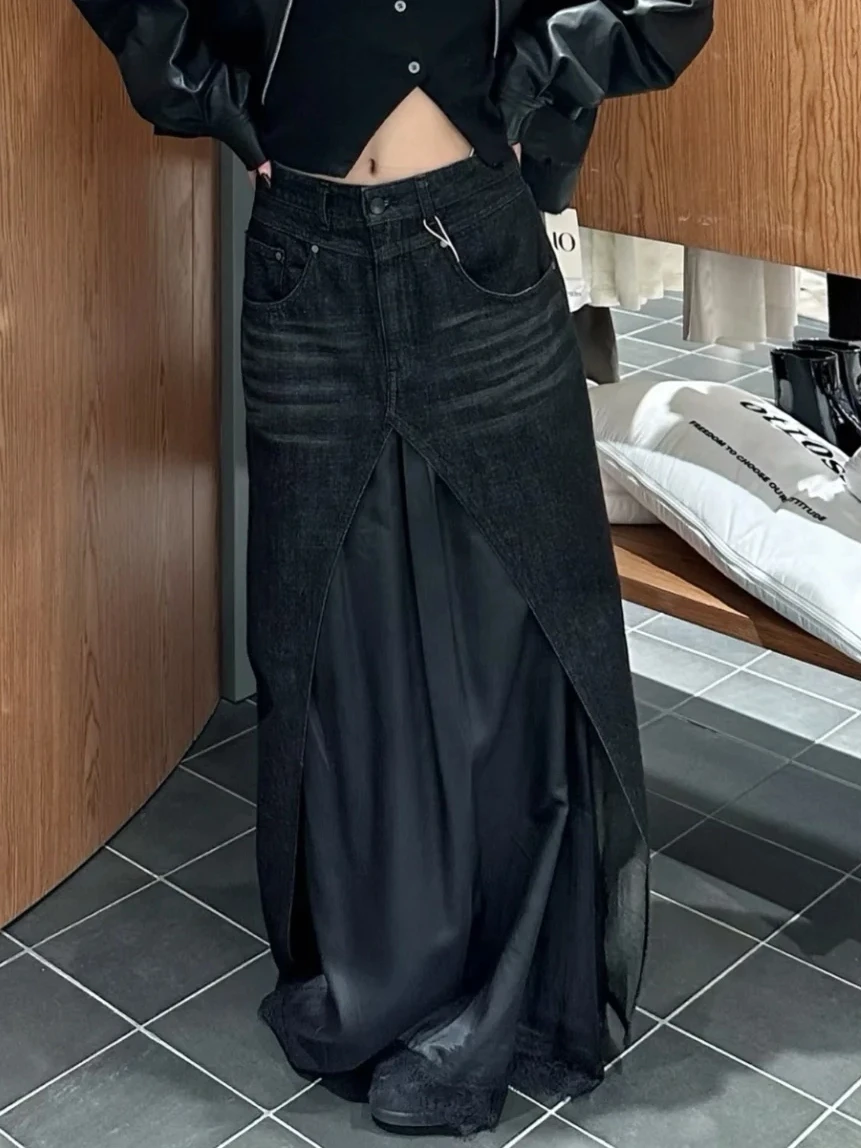 가을 겨울 여성 고블린 코어 다크 아카데미 Y2k 데님 맥시 스커트 패치 워크 하라주쿠 일본 그런지 2000년대 사이버 펑크 E-girl