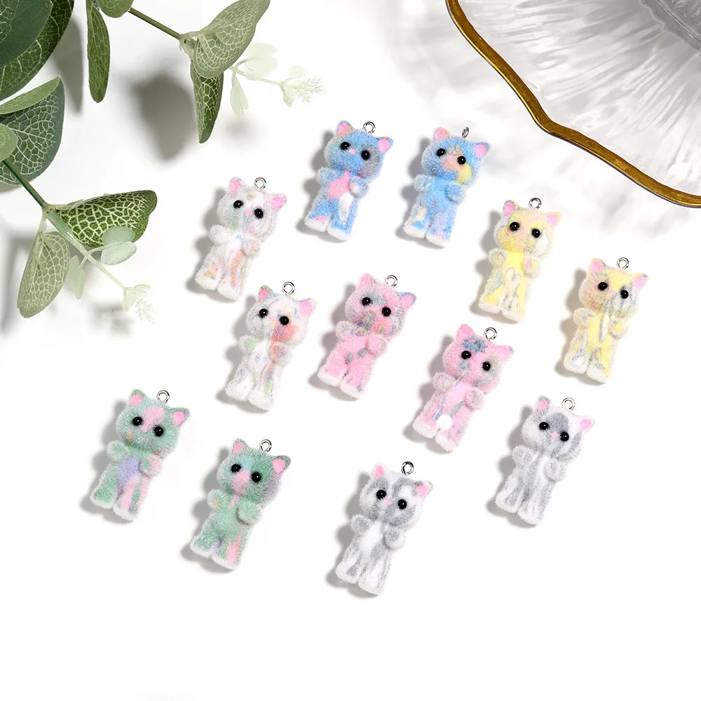 30pcs Resin Flocking Cute Colorful Charms Kitten Plush Doll Pendant for Keychain Necklace DIY Making Jewelry Accessories