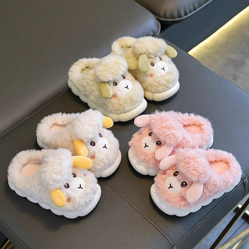 Cute Sheep Boys Girls Home Slippers Cartoon Animals Soft Kids Slippers Plush Warm Toddler Children Winter Shoes