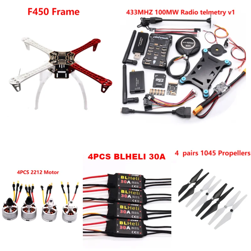 Kit de Drone AN F450 avec contrôle de vol PIXhawk2.4.8, 100MW, radio télémétrie, quadrirotor BLHELI 30A 2212, moteur ESC avec train d'atterrissage