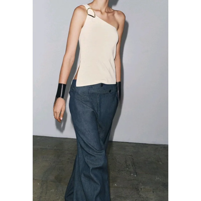 

Gold Layer Asymmetric Ne Design Knitted Top Women's Faion Summer New Arrival Side Split Hemline Vest Sle Polyester Fiber