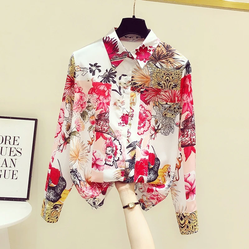 Retro Floral Print Blouse Women High Quality Satin Long Sleeve All Match Chic Design Spring Summer Top Shirts 2022 New