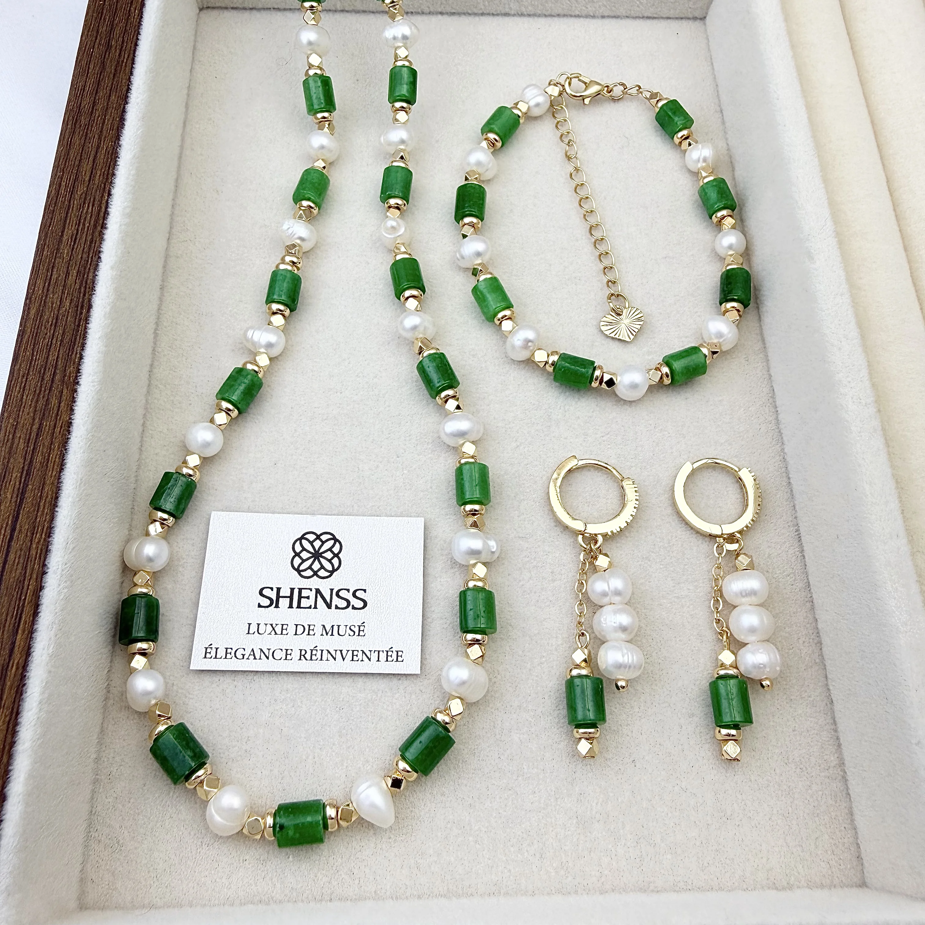 Natural Dry Green Jadeite & Pearl Jewelry Set | Chinese Style Luxury Necklace Bracelet Earrings Elegant Versatile Gift for Her