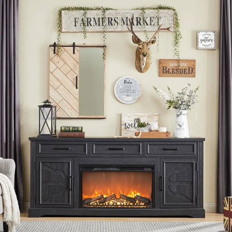 Suporte de TV com lareira de fazenda para TV de até 80 polegadas, centro de entretenimento com lareira elétrica de 30" para TV de 65 e 75 polegadas