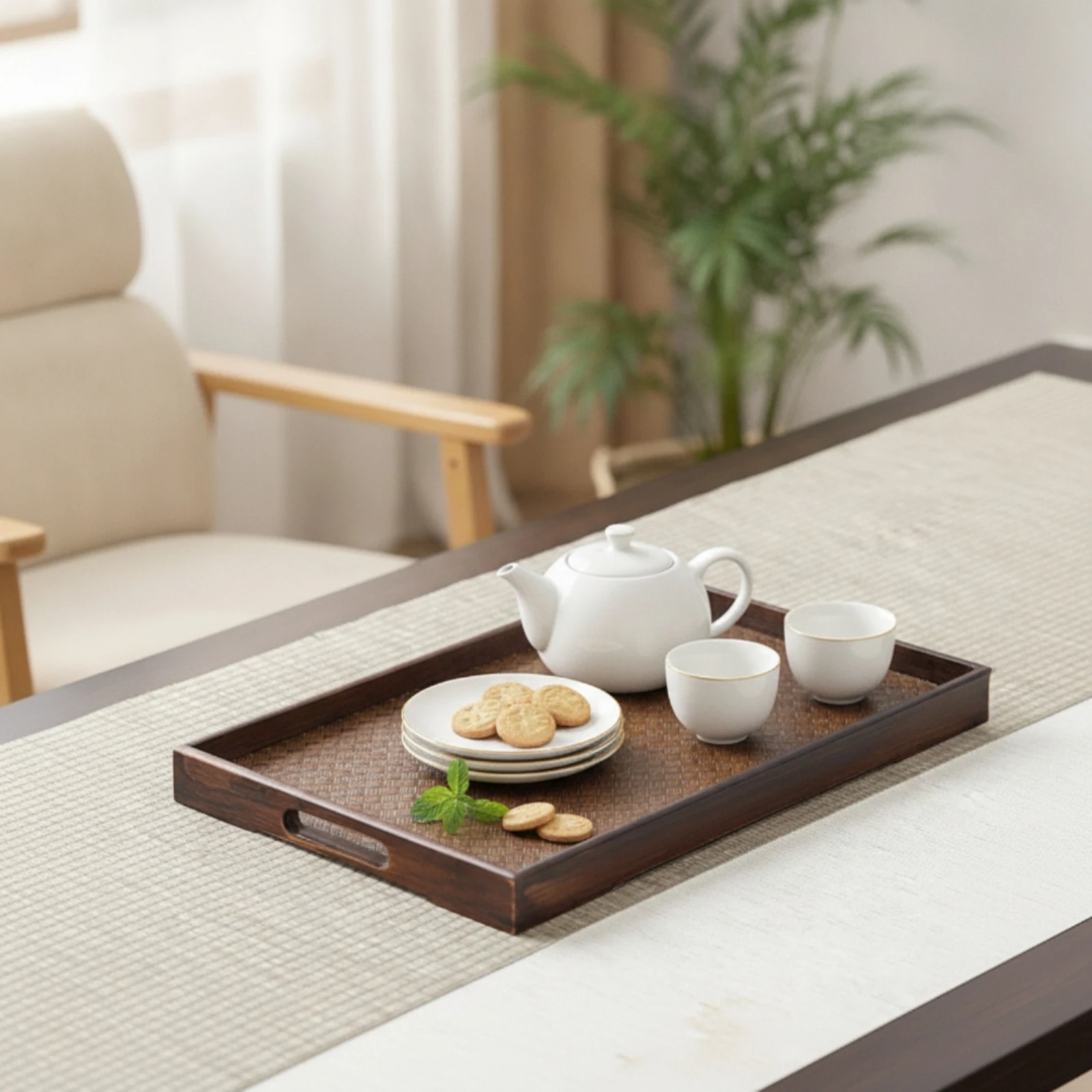 Bamboo Tray with Handles Rectangular Serving Tray with Handles Ergonomic Sturdy for Hosts, Tea Service, Tabletop Display