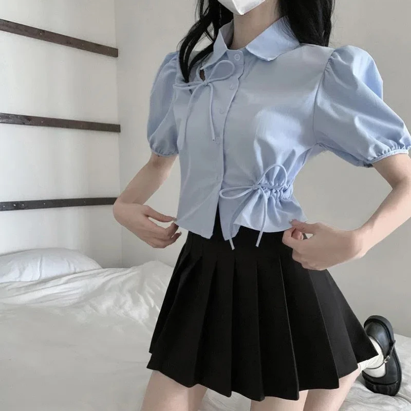 Summer Women Fashion Casual Shirts Short Puff Sleeve Turn-down Collar Lacing Bow Tie Elegant Solid Color Chiffon Shirts Top