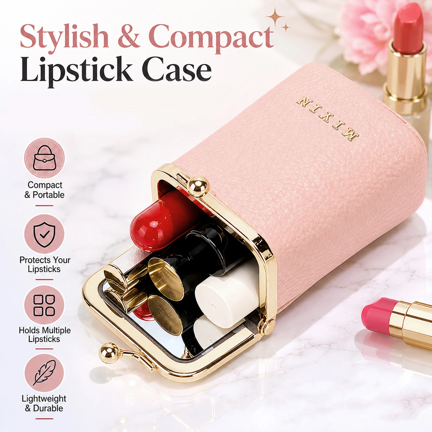 Luxury Style Mini Portable Women's Lipstick Organizer Also Functions as a Jewelry Earphone and Coin Purse with a Built-in Mirror view 2