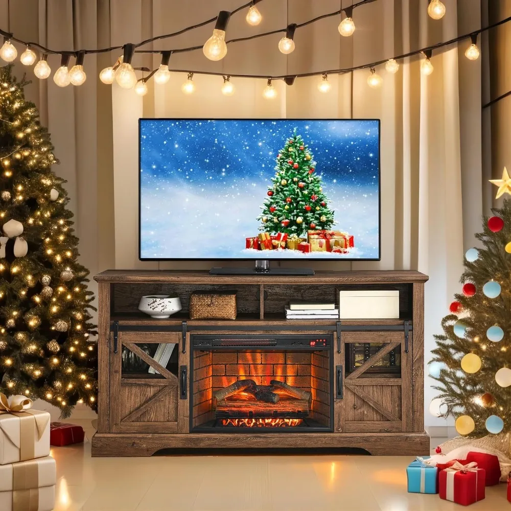 Fireplace TV Stand with 3D Flame Effect and Door Sensor, Entertainment Center with 26 Inch Fireplace, Fits Up To 65 Inch TVs