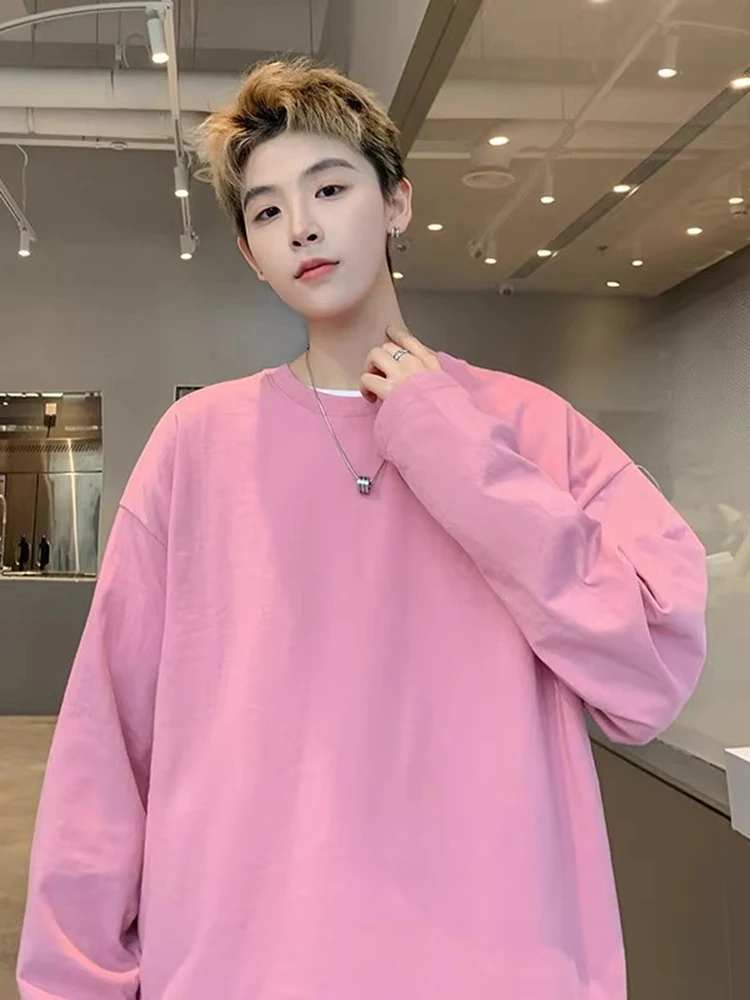 

Розовая круглая футболка с длинным рукавом для мужчин, свободная повседневная базовая футболка в американском уличном стиле, верхняя одежда для весны и осени, модный бренд