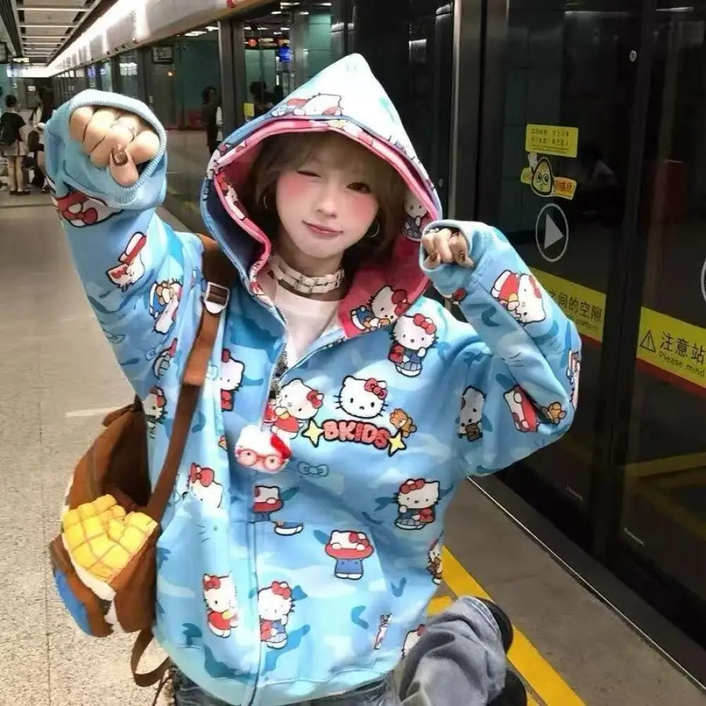 

Anime Sweatshirt Jacket Couple Outfit Hello Kitty Baseball Uniform Sanrio Autumn Winter Cute Tops Casual Vintage Loose Leisure
