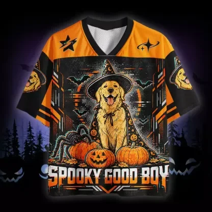 Men Women Witch Golden Retriever Pumpkin V Neck Jersey Short Sleeve Oversized Streetwear Casual Mesh Sport Shirt Halloween Top