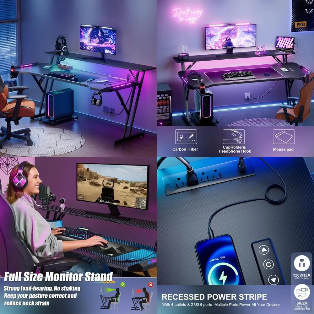 

Игровой стол из углеродного волокна 47, светодиодной подсветкой, ковриком для мыши, розеткой и подставкой для монитора для эргономики домашнего офиса