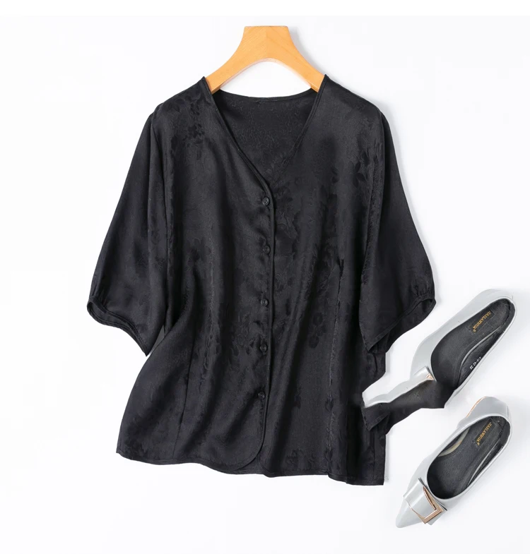 Winsleter, 100%Real Silk Elegant Shirt, Women Short Sleeve V Neck Jacquard, OL Commute Thin Blouse, 2024 Summer Autumn T46976QC