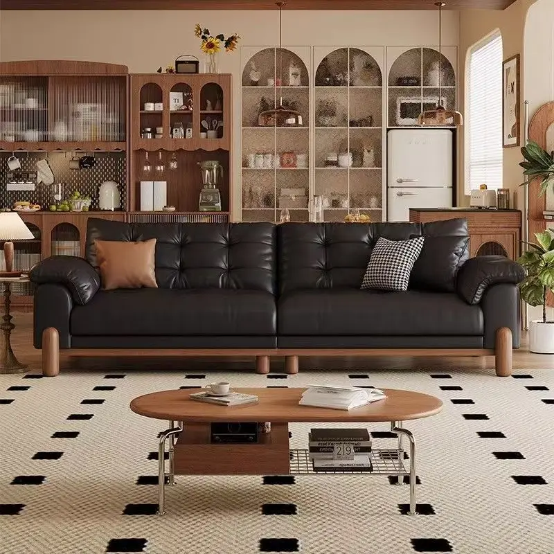 

Retro cloud sofa living room simple size apartment medium antique dark green oil wax first layer cowhide straight row