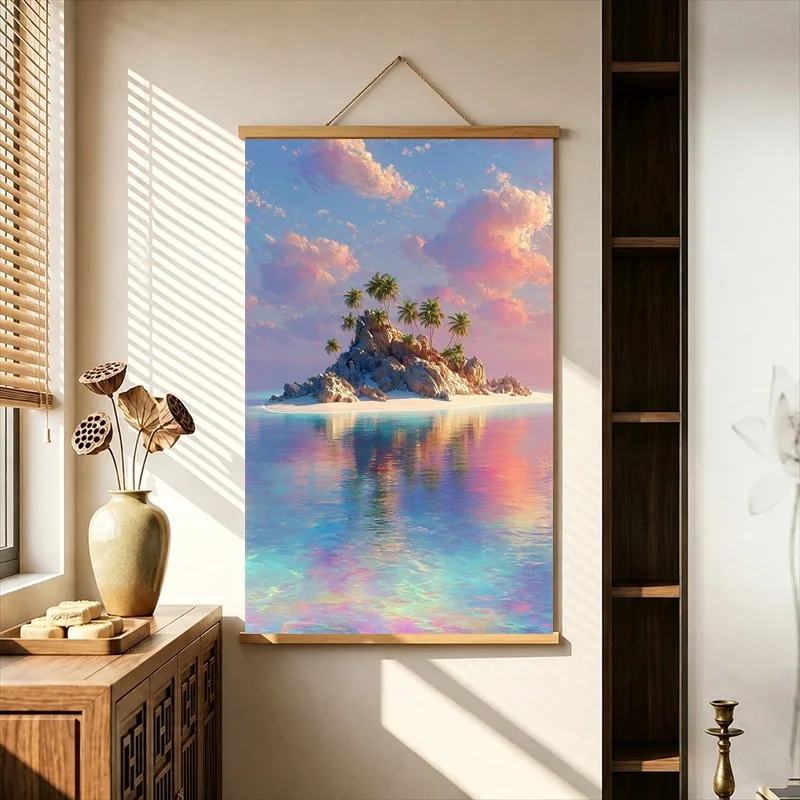 Wall Art Palm Shadows and Sunlit Sea, Mediterranean Coastal Pearlescent Canvas Wall Hanging Scroll for Vacation Villa Interior