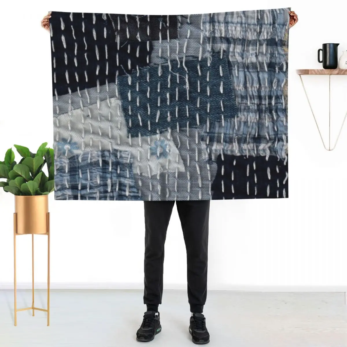 Jean Boro sashiko handmade textile pattern Throw Blanket Luxury Thicken For Decorative Sofa Flannel Fabric Large Loose Blankets
