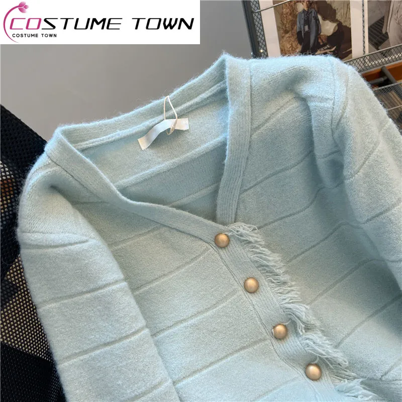 2023 New Xiaoxiangfeng High Grade Soft Tassel Milk Blue Knitted Sweater Women's Spring Fashion Outwear Top Trend