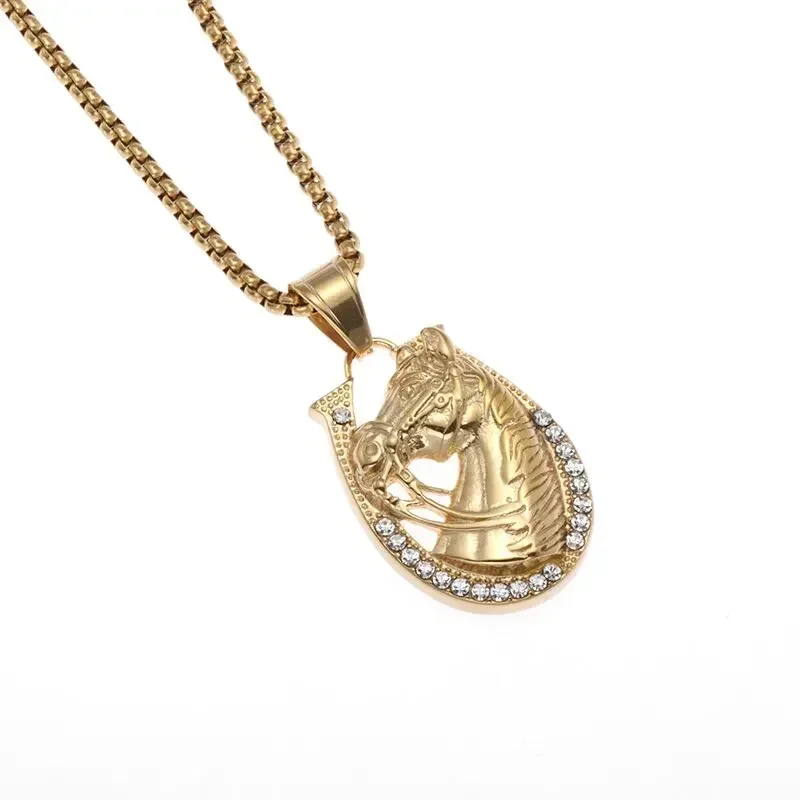 Hip Hop glace sur pendentif tête de cheval doré collier en fer à cheval pour hommes personnalité charme mode Rock bijoux de fête