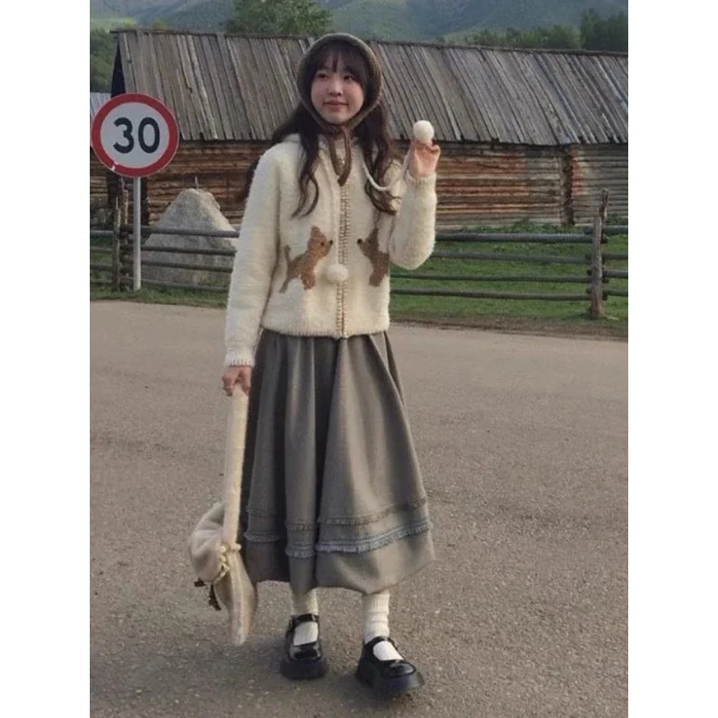 Y2k الجمالية الشارع الشهير الكرتون محبوك مقنعين سترة موضة عادية المرأة سستة معاطف اليابانية الحلو كل مباراة فضفاض القمم