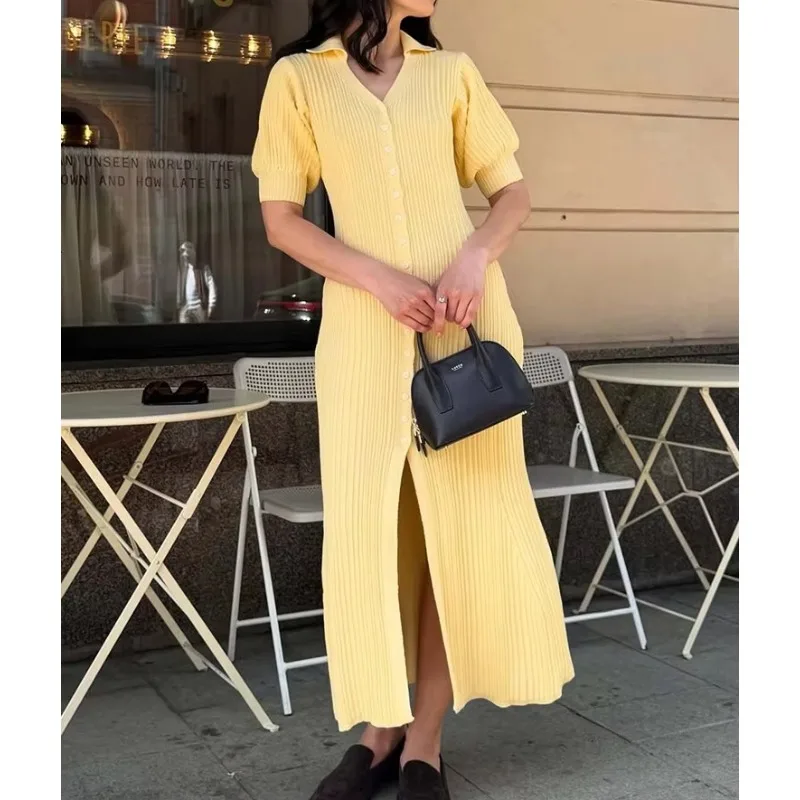 Slit Long Cardigan Knit Dress Women Summer Fashion Short Sleeve Patchwork High Waist Maxi Dress Street Casual Y2K Dress