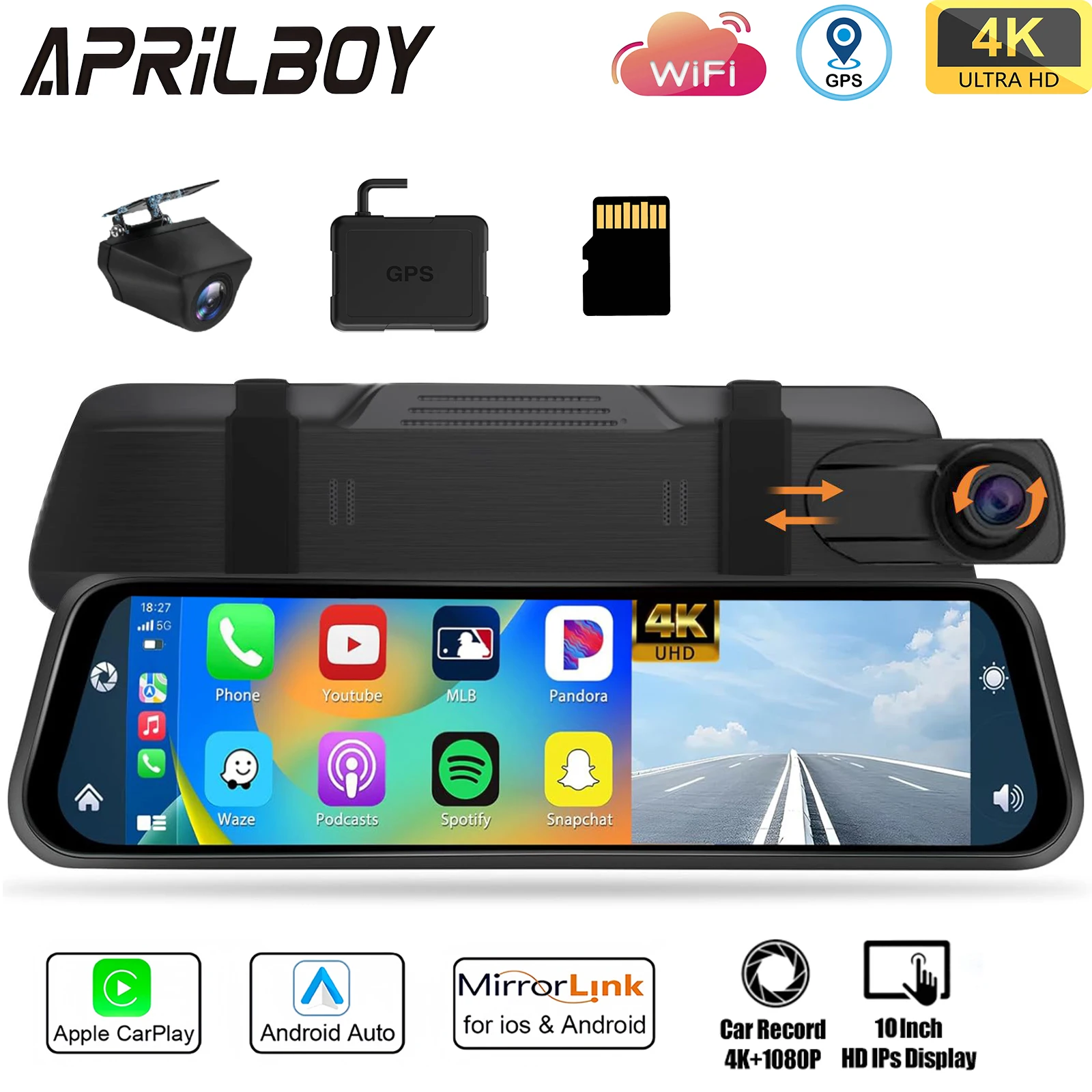 Aprilboy 10'' 4K Mirror Dash Cam Dual Camera with Wireless Carplay Android Auto Parking Assistance Loop Recording Navigation