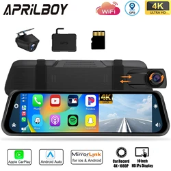 Aprilboy 10'' 4K Mirror Dash Cam Dual-Kamera mit kabellosem Carplay Android Auto Parking Assistance Loop Recording Navigation