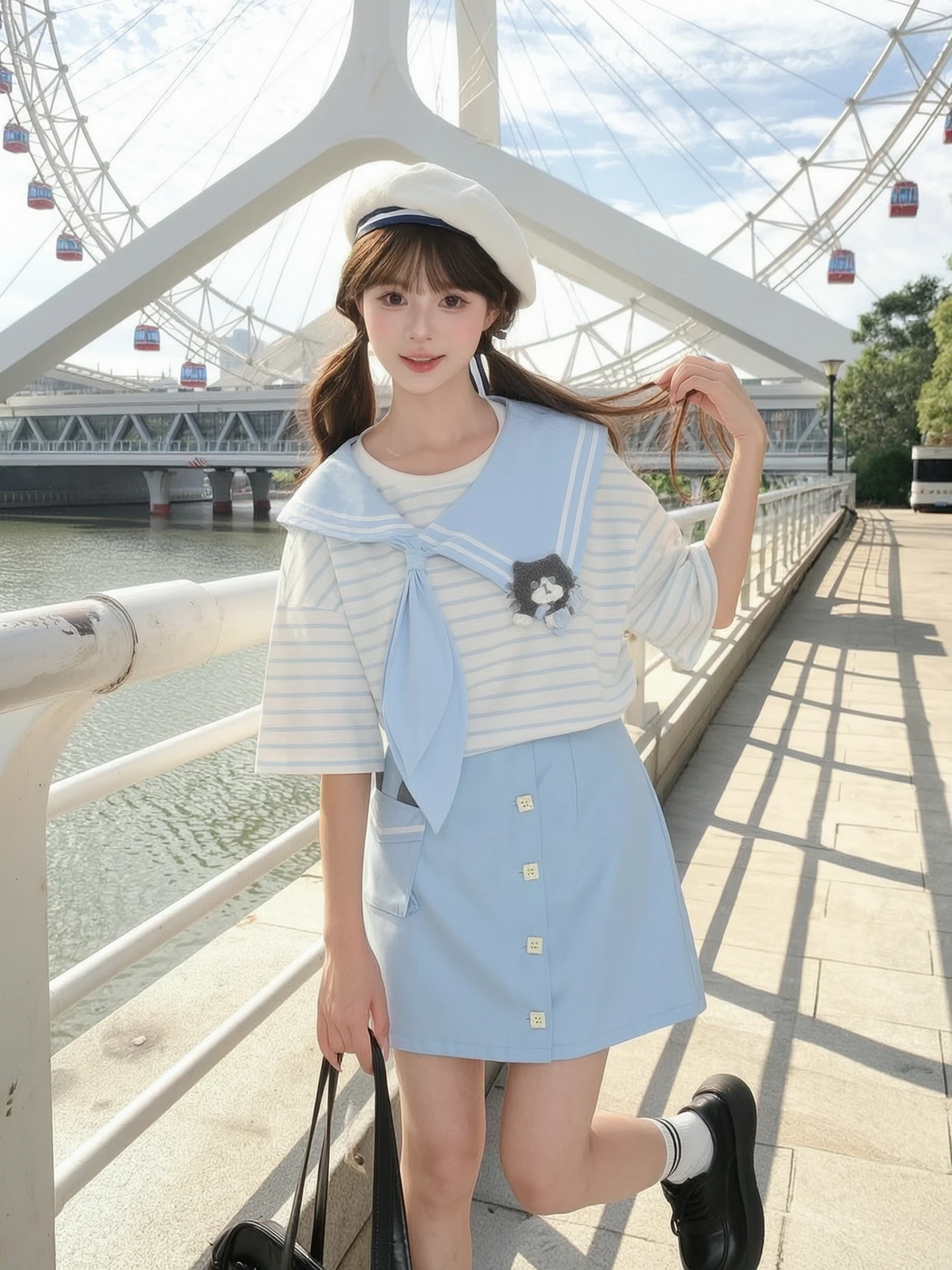 

Blue White Stripes Sailor Neck T-Shirt Skirt Set Women's Summer Fashion Sweet Style Cotton Blend Breathable Casual Outfit