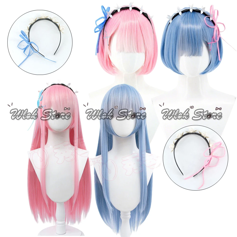 Anime Re Zero Ram Rem Cosplay Wig Pink Blue Heat Resistant Synthetic Wig Flower Headband Halloween Carnival Party Outfits Women
