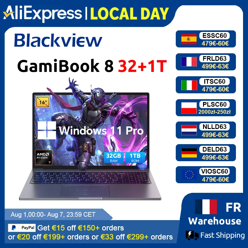 Blackview ‎ Ordinateur portable GamiBook 8 AMD R7 7735HS 16 pouces 5000 mAh 16 Go de RAM LPDDR5 512 Go de ROM Windows 11 Pro BT5.2 Wifi 6 Clavier rétroéclairé
